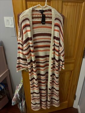 torrid Cream, Rust and Brown Striped Open-Knit Long Cardigan